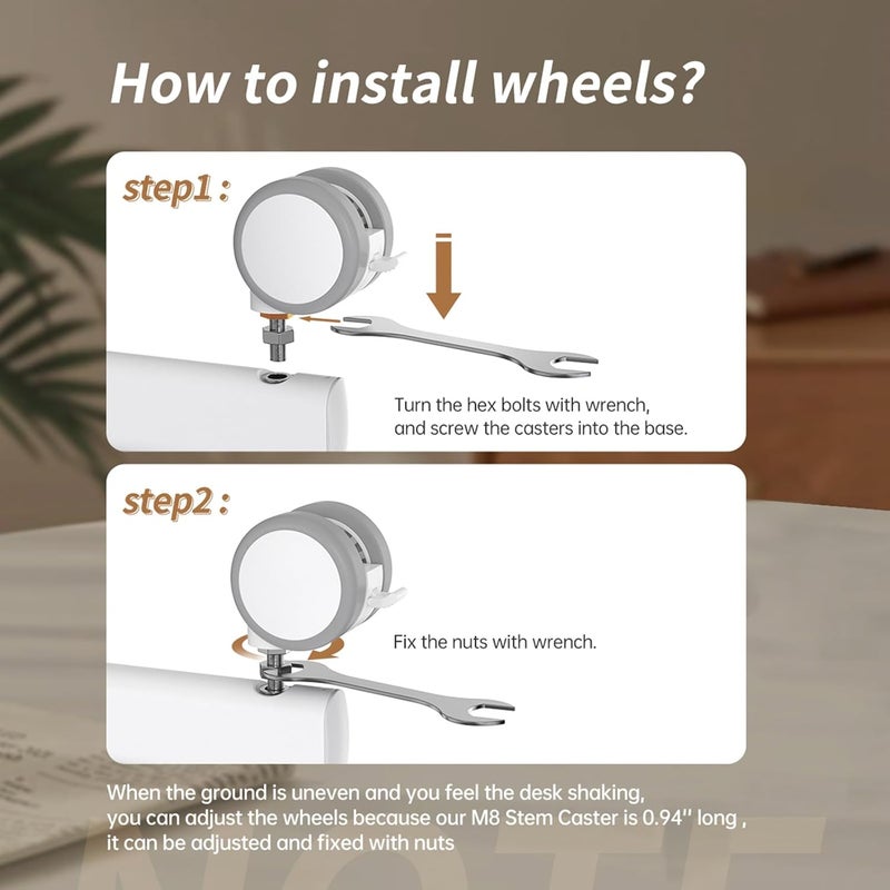 JOY worker Lockable Stem Caster Wheels Set of 4, Metric M8 Nylon Threaded Swivel Caster, 2.5 Inch Stem Casters Replacement for Standing Desk & Mobile Desk, Each Load Capacity 110lbs, White - Image 5